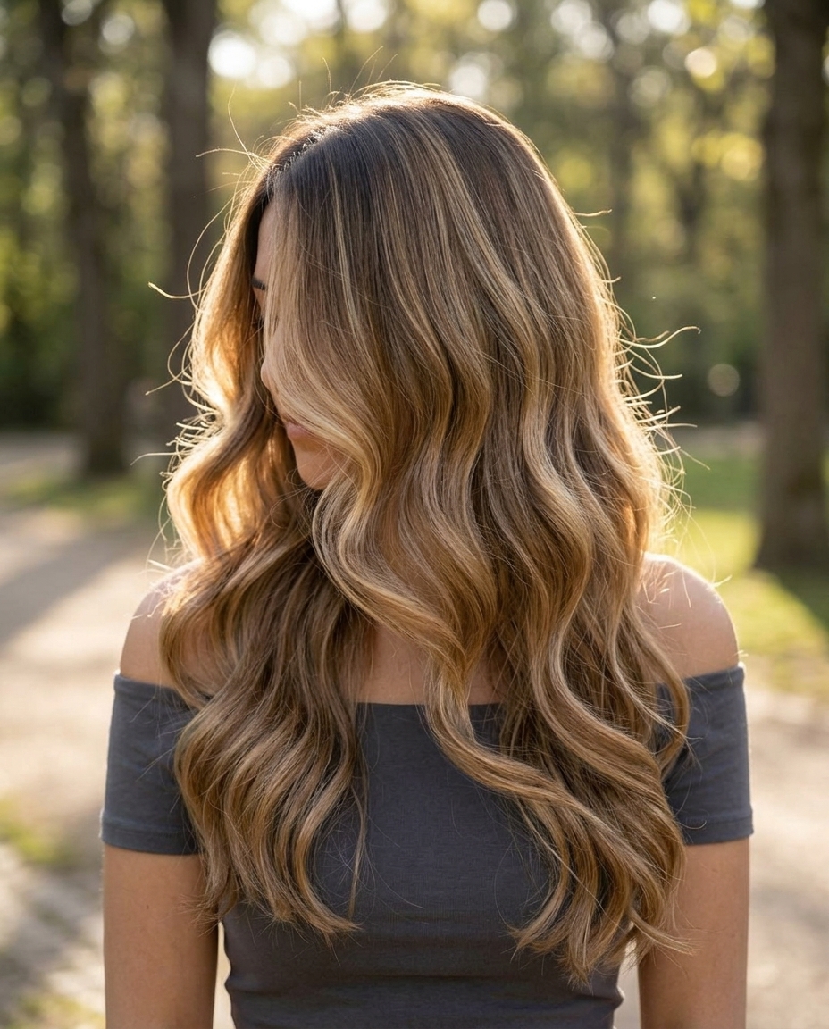 long layered hair with honey caramel balayage, soft layers, no bangs — soft & romantic
