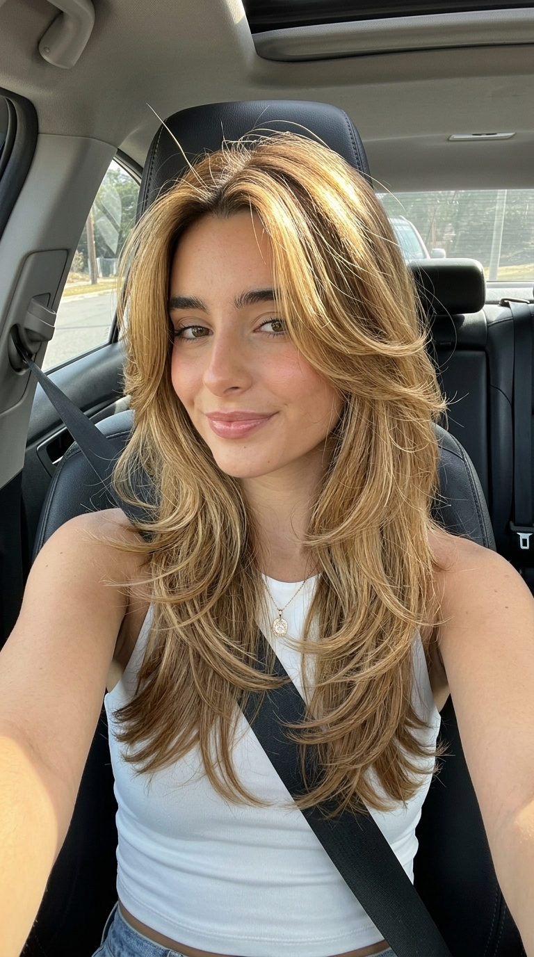 medium-long butterfly cut with honey caramel balayage, point-cut layers, no bangs — playful & flirty