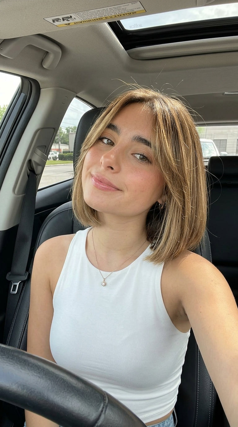 short french bob haircut with warm honey balayage and a soft fringe for playful summer days