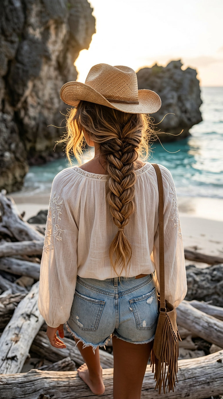 long wavy hair with honey ends and cowboy hat for music festival