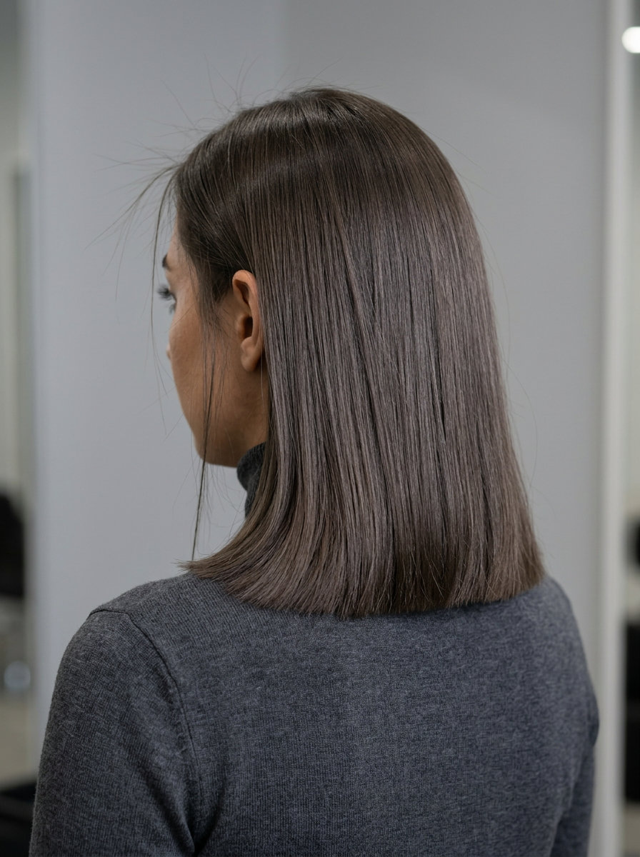 collarbone-length blunt lob with Iced Espresso ash brown, razor-sharp perimeter, center part — sophisticated professional look