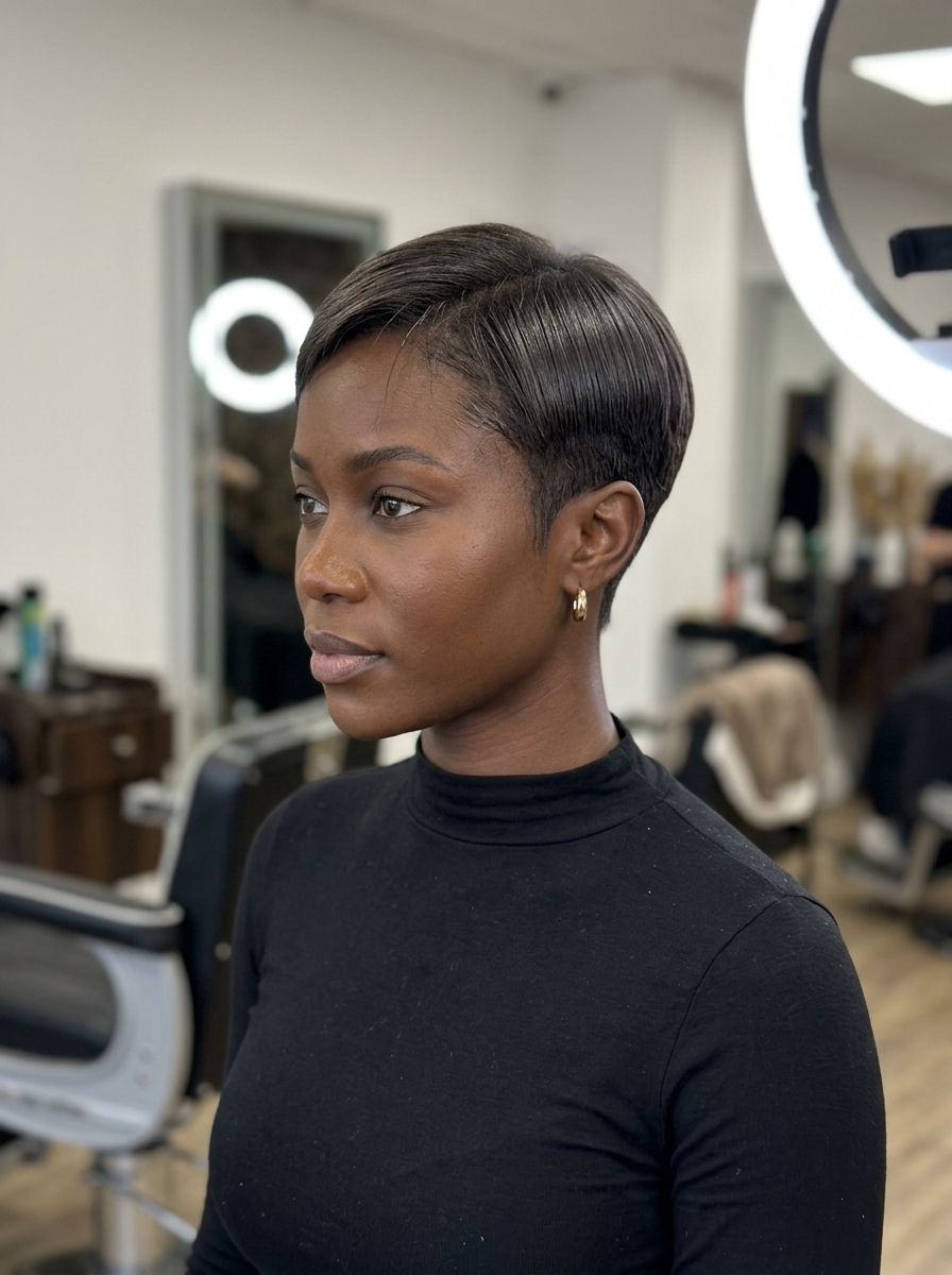very short pixie haircut in iced espresso brunette, blunt cut and sharp nape for sophistication