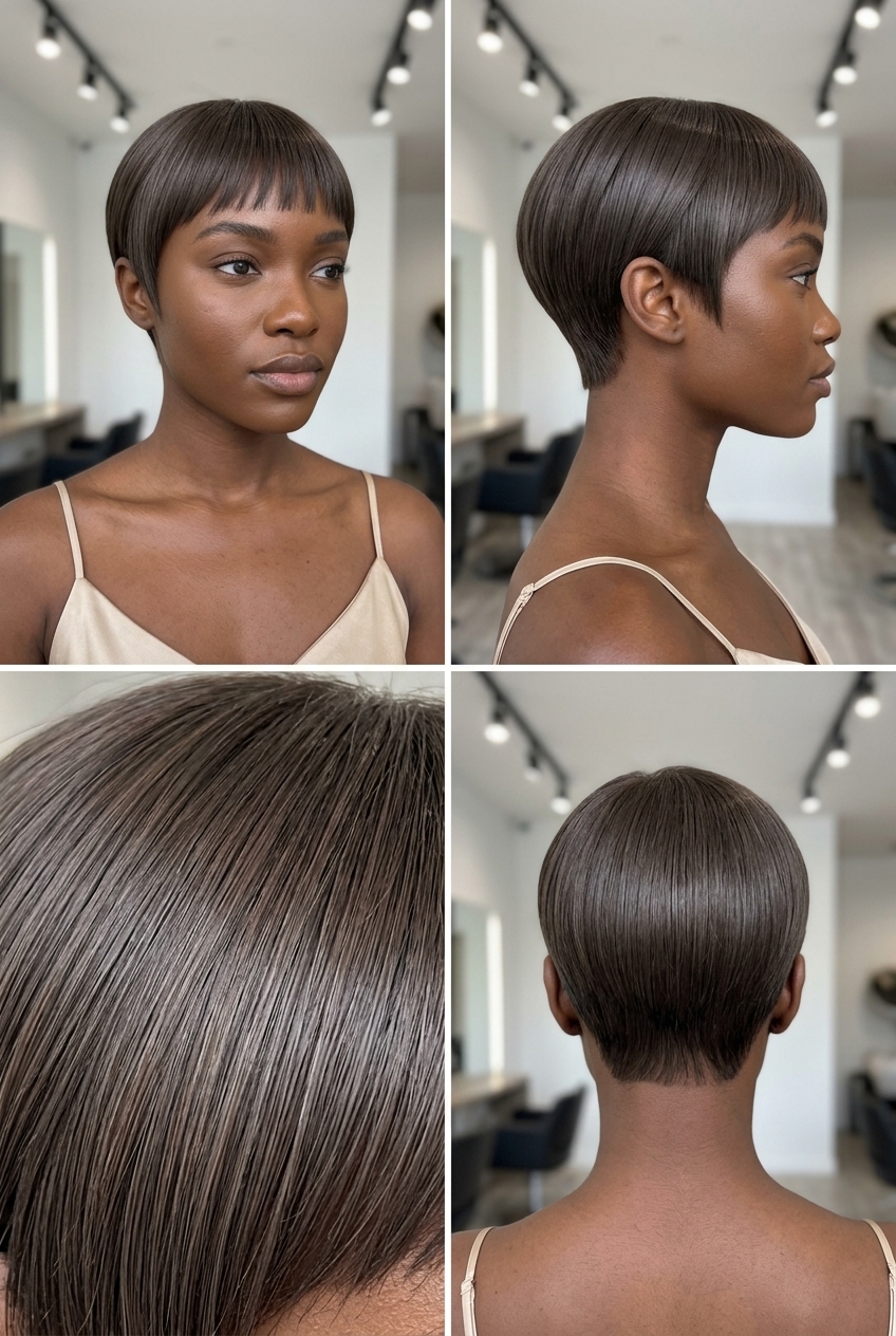 very short pixie haircut in iced espresso brunette, blunt cut and micro-fringe for minimalism