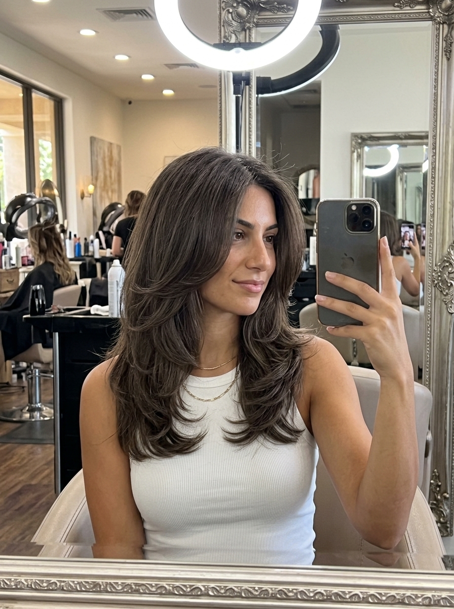 medium-length layered ash brown hair with iced espresso color, butterfly layers, and face-framing pieces for date night