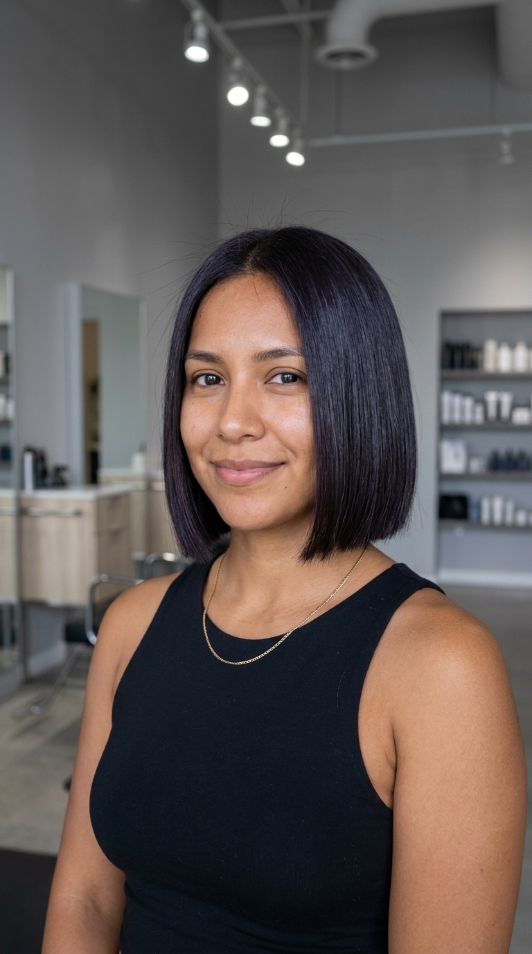 short blunt bob haircut in iced espresso with high-shine gloss for summer