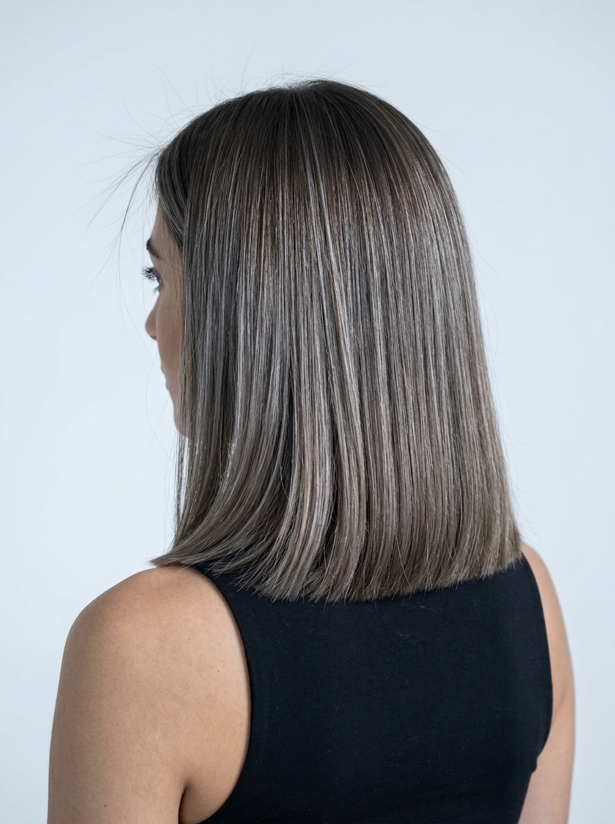 Iced Mocha Balayage Hair 2026 shoulder-length cool brunette balayage with ash and silver babylights and blunt ends — modern professional