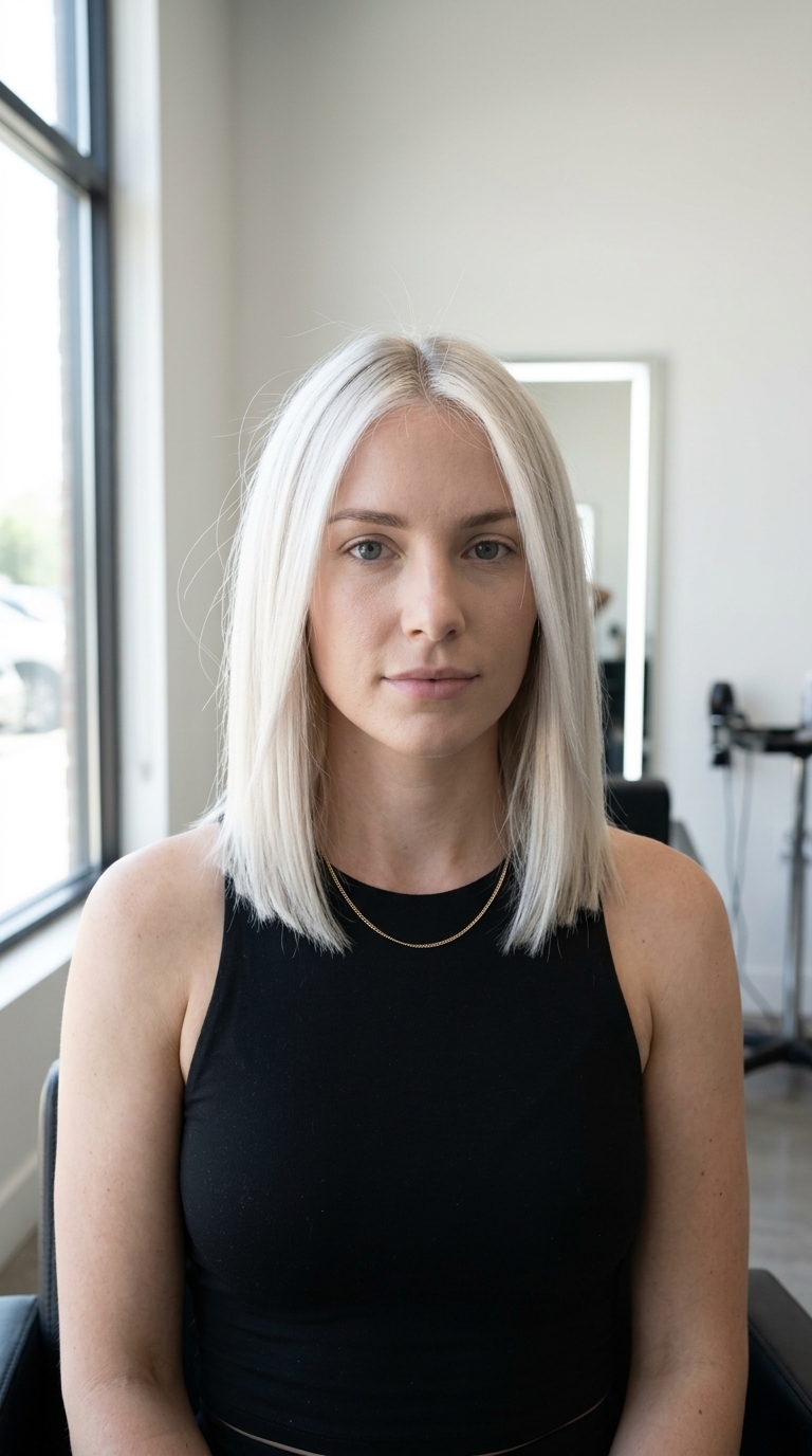short icy baby blonde crop haircut with stark platinum, Scandi hairline, razor-sharp cut — edgy minimalist
