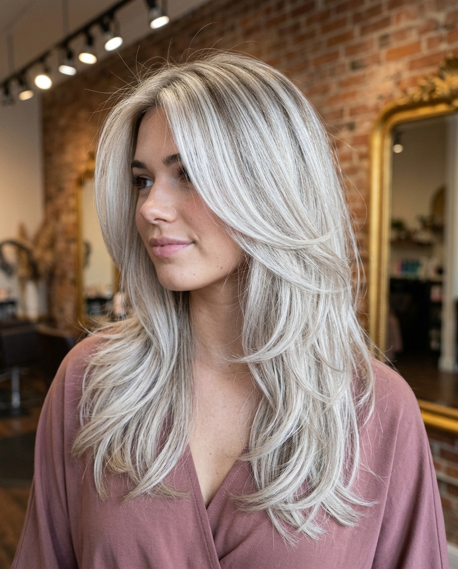 long icy birch blonde butterfly layers with babylights, no fringe — ethereal voluminous style
