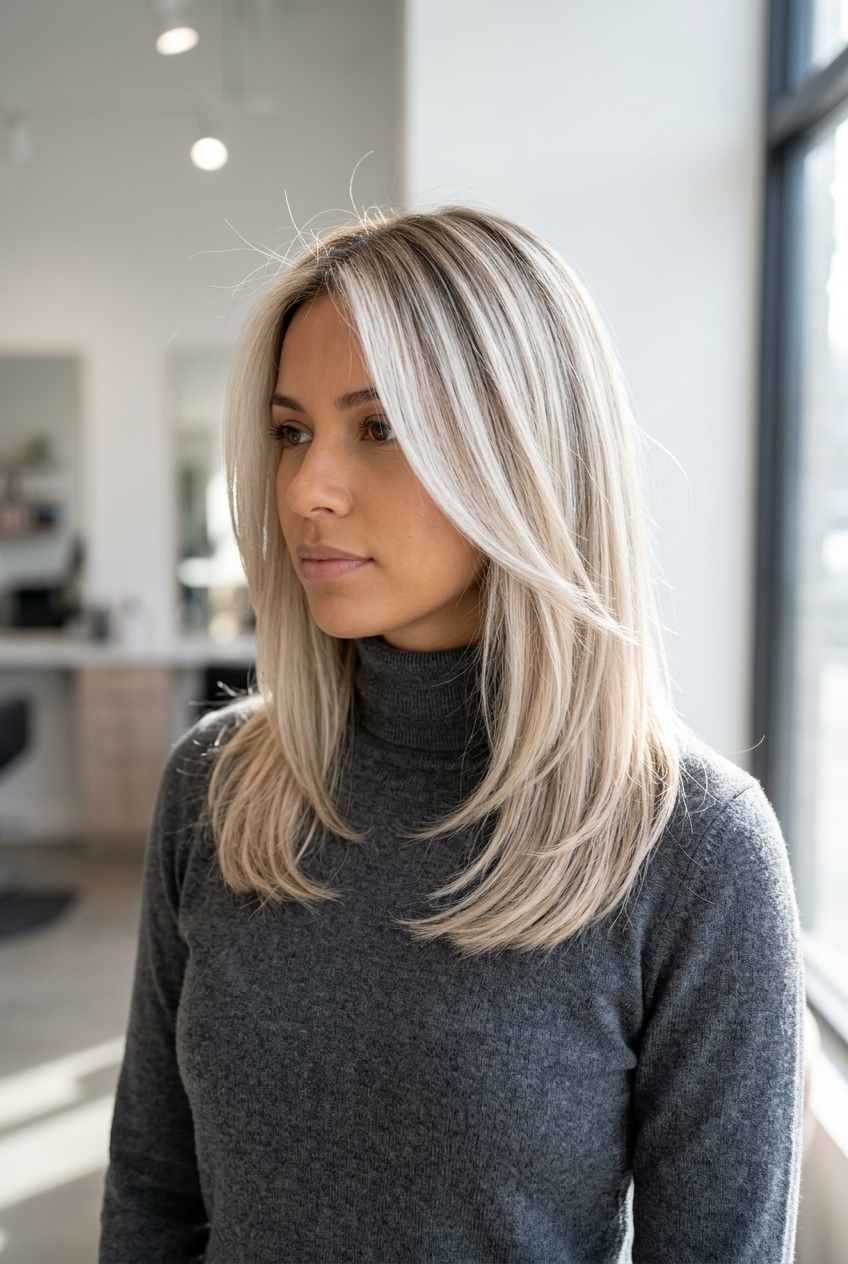 Scandi-Blonde Balayage 2026: Effortless Summer Hair long layered icy blonde balayage with natural root, air-touch technique for summer 2026