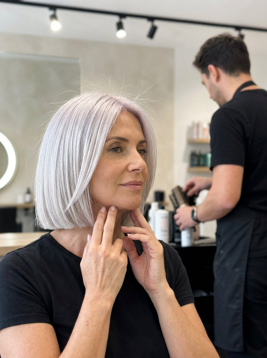 chin-length blunt bob with icy platinum blonde & violet undertones, sharp perimeter for summer