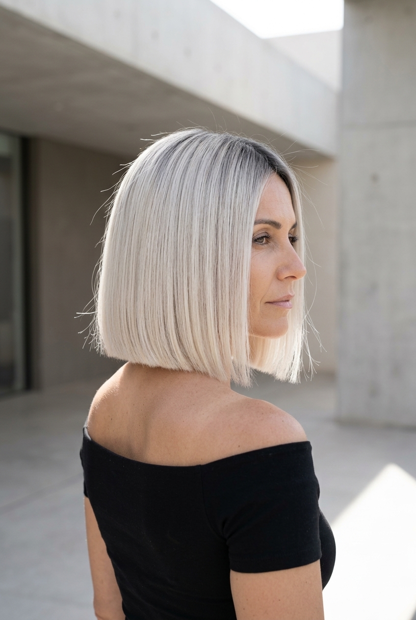 jaw-length blunt bob haircut in icy platinum with charcoal root shadow, sharp perimeter, deep side part — sophisticated power look