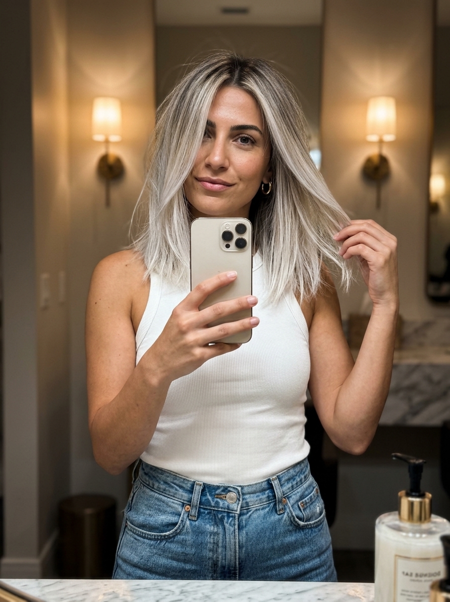 Platinum Balayage 2026: Daring Summer Hair long choppy icy platinum balayage with dark vanilla root, wet balayage technique for summer 2026