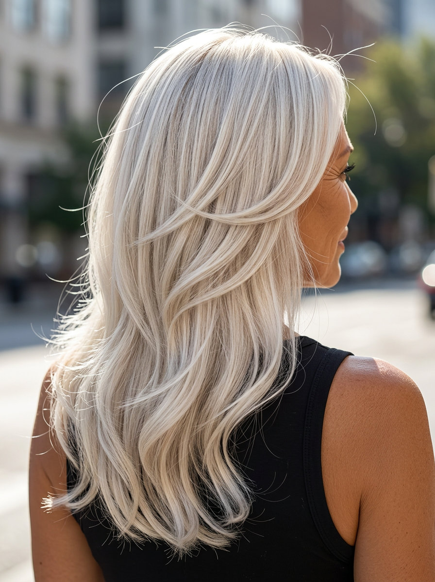 long layered haircut with icy platinum blonde & pearl highlights, vanilla root shadow for summer