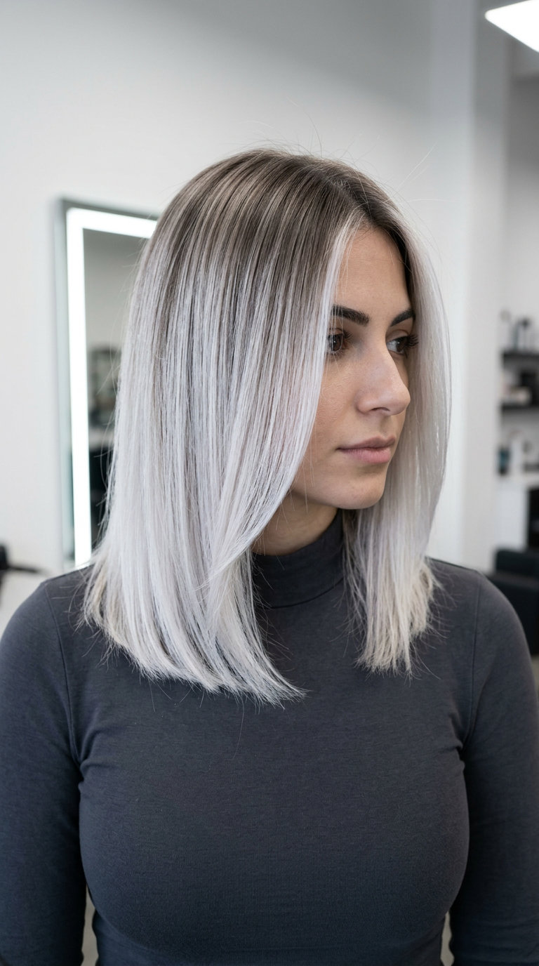 long icy platinum ombre with cool blonde root and silver ends, high-contrast blend — edgy summer style