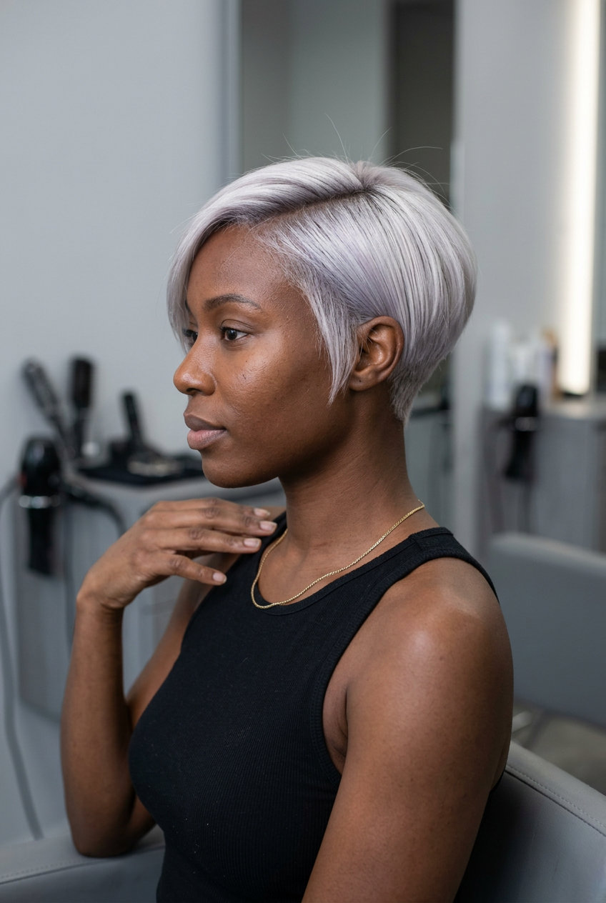 Edgy Platinum Bixie Haircut 2026 short icy platinum bixie haircut with silver-violet toner and sharp taper for summer 2026