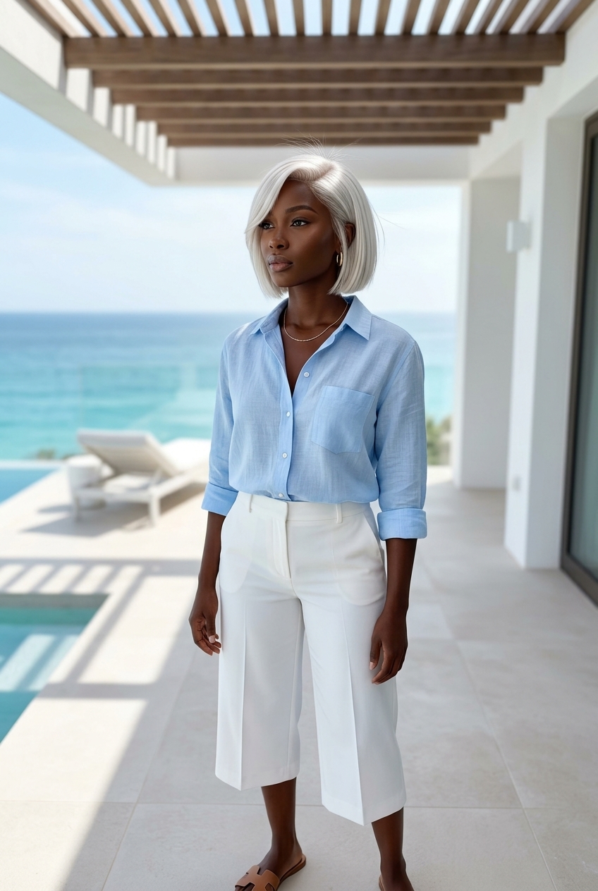 short icy platinum blonde bob with sleek side-swept fringe for summer
