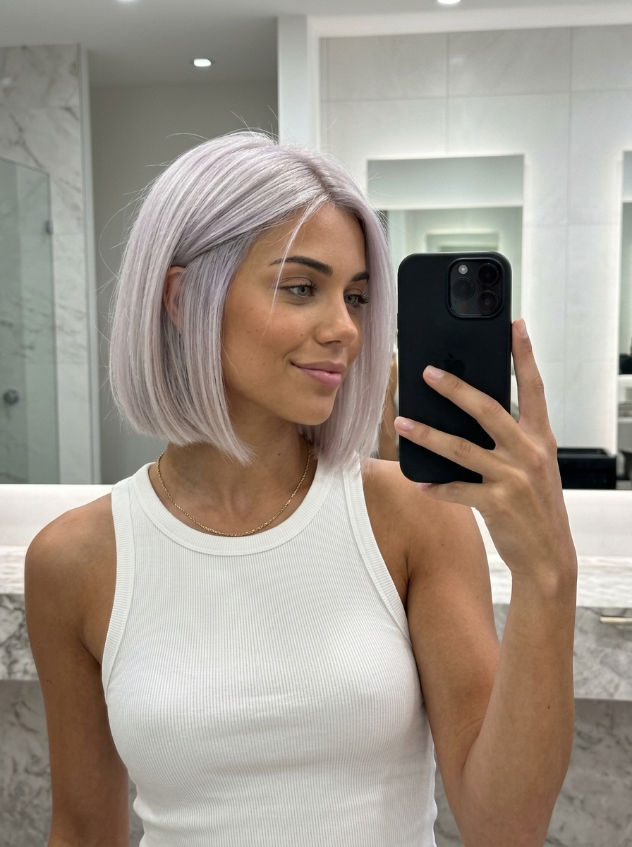short icy platinum french bob haircut with cool silver undertones for edgy high-fashion looks