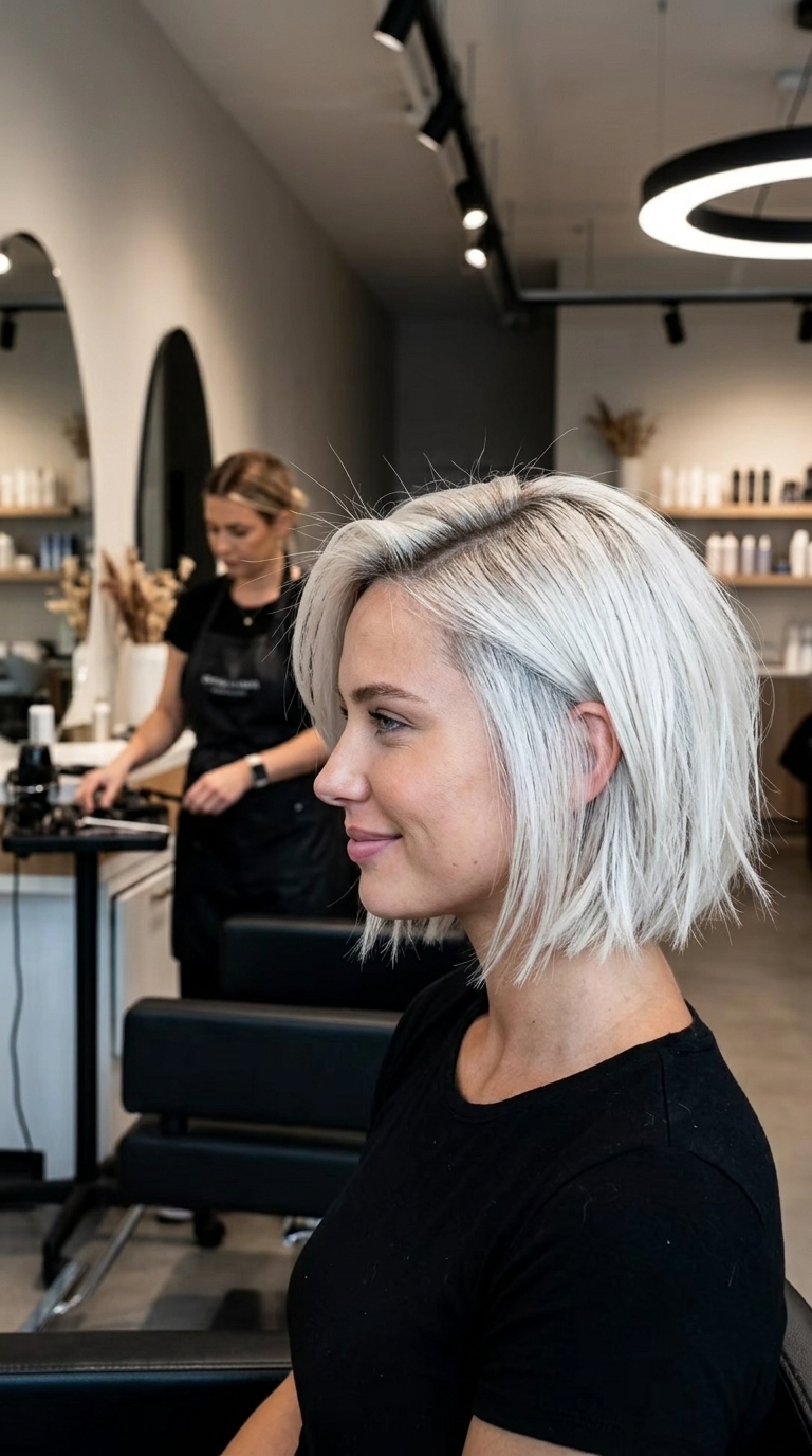 Edgy Platinum Italian Bob 2026 short italian bob haircut with icy platinum blonde, razored ends, no bangs — bold statement