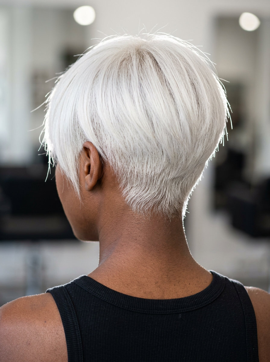 short pixie haircut with icy platinum blonde, asymmetrical cut and faded sides for edgy looks