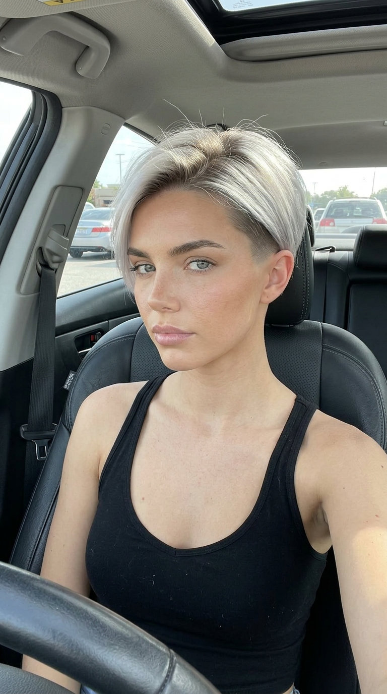 short icy platinum pixie ombre with smoky ash root and platinum ends, diffused blend — bold futuristic look