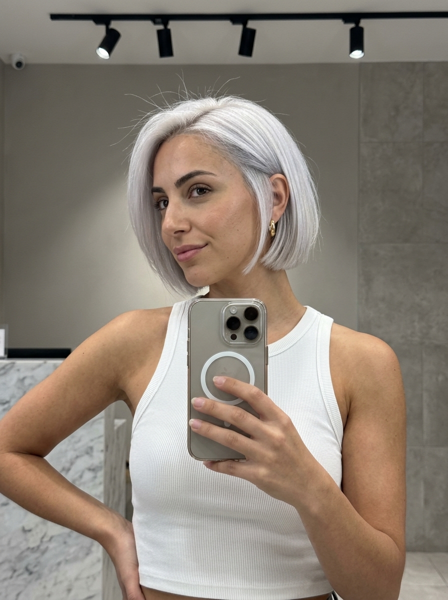 short razor cut pixie with icy platinum blonde & silver tones, blunt perimeter for summer