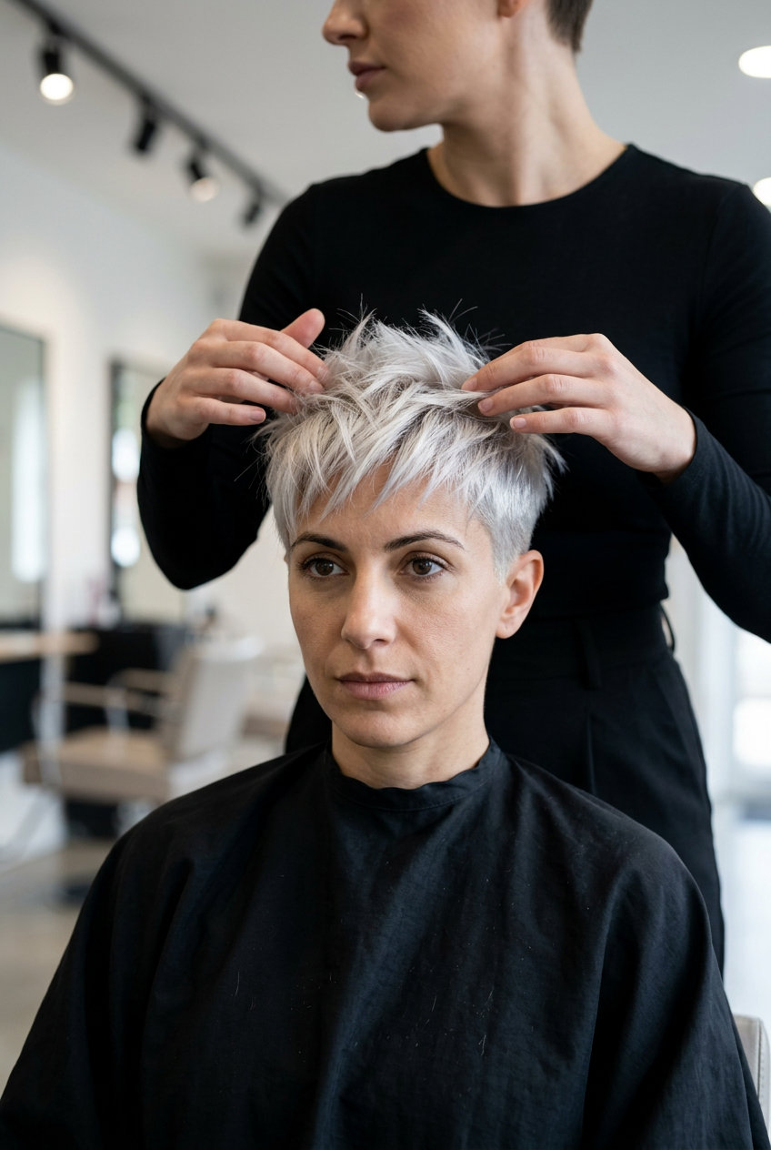 Edgy Arctic Edge Pixie: Platinum Blonde Hair 2026 short icy platinum blonde pixie haircut with silver toner, razored texture for festival