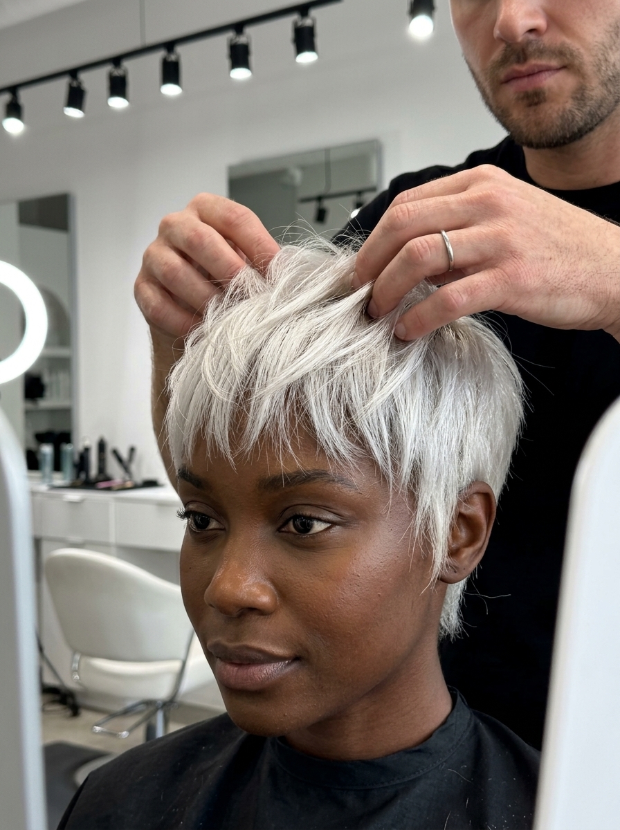 short pixie haircut in icy platinum blonde with textured layers and micro-fringe for summer