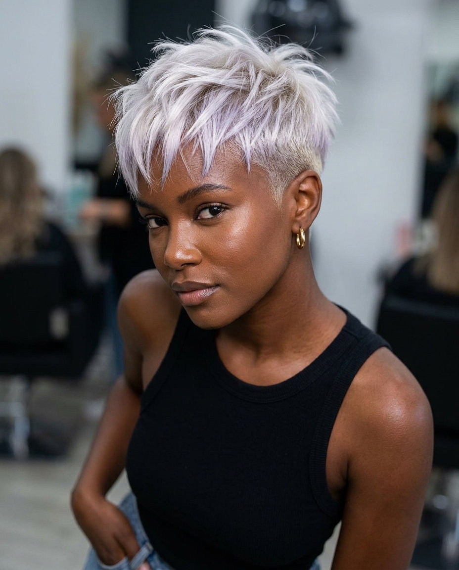 short pixie haircut with icy platinum blonde, sharp undercut and choppy fringe for edgy events