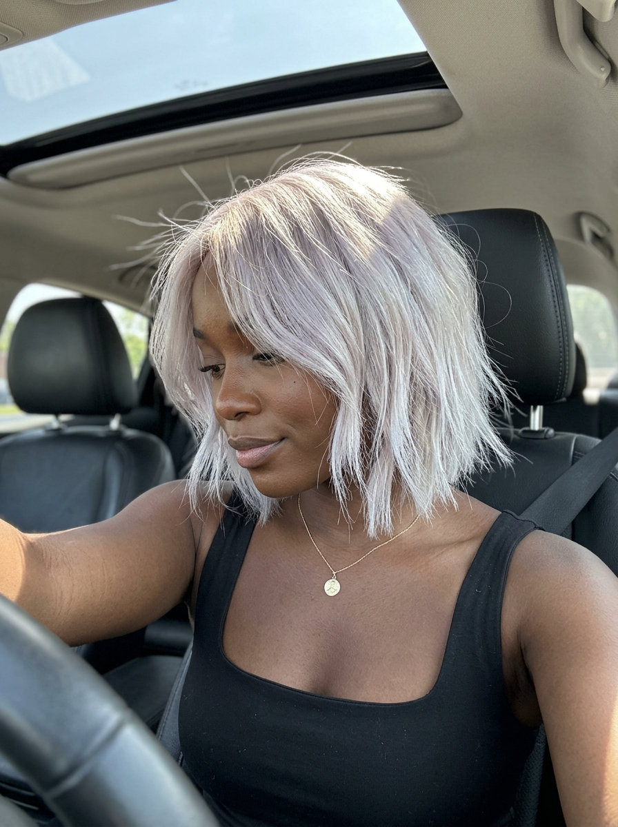 Edgy Platinum Shag-Bob 2026 short icy platinum blonde shag-bob with textured layers and side-swept fringe for summer