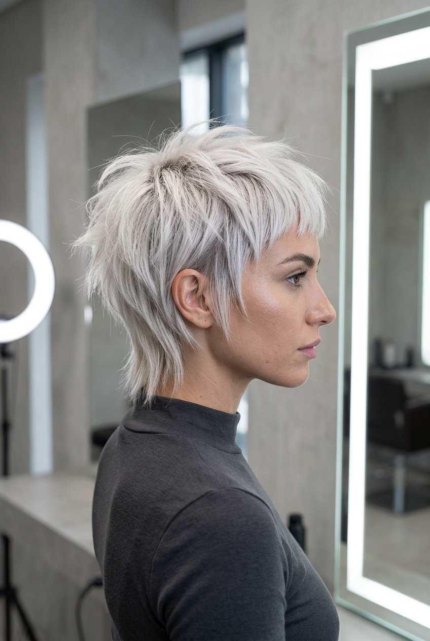 very short icy platinum wolf cut with violet toner, razored layers, micro-fringe — edgy festival look