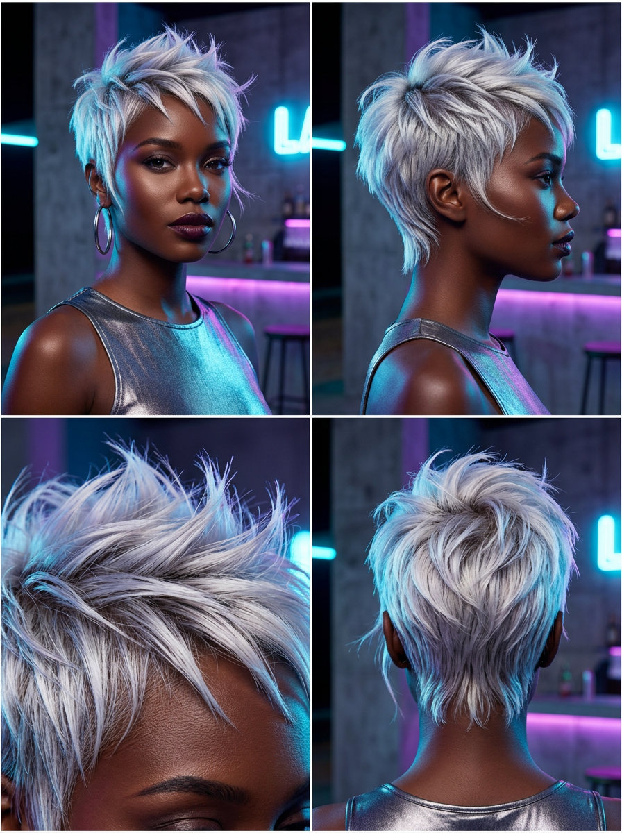 very short icy platinum pixie haircut with silver undertones and piecey texture for summer