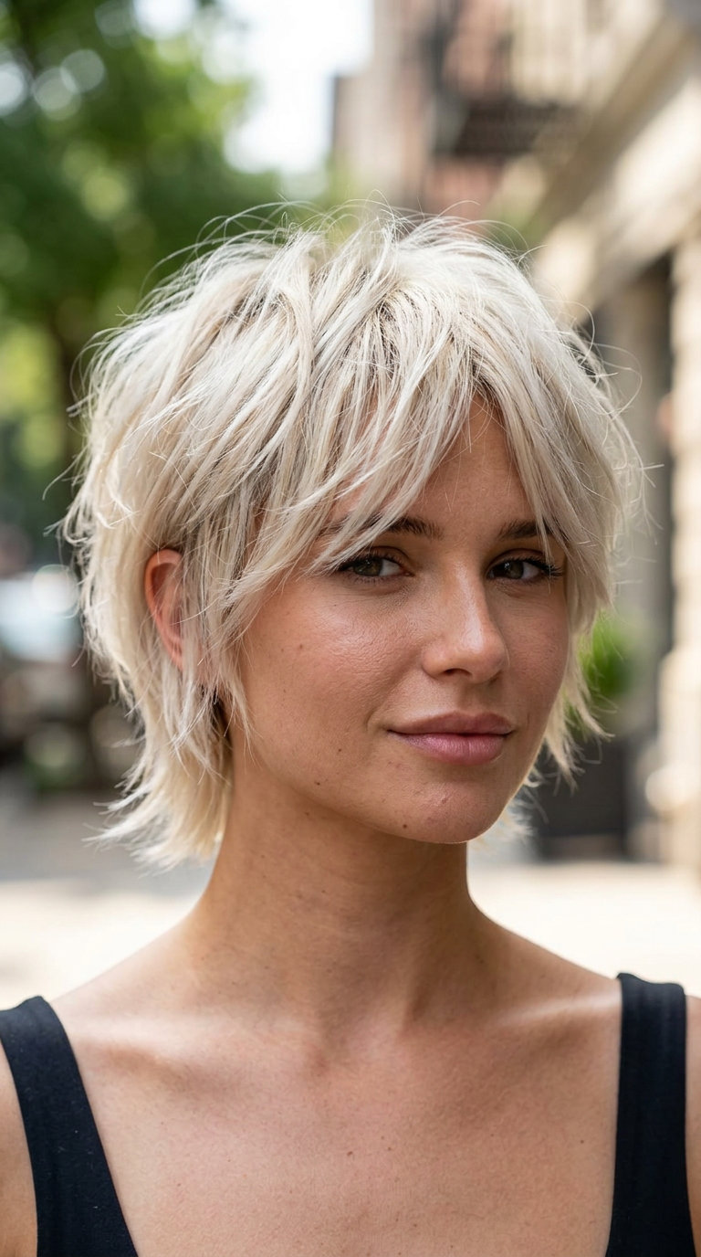 very short icy platinum pixie wolf cut with ash violet toner, razored layers, piecey fringe — playful bold style