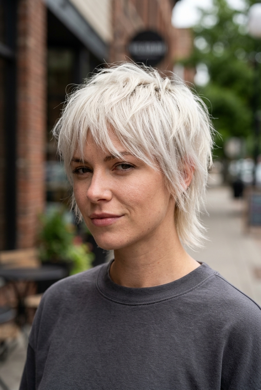 very short choppy shag haircut with icy platinum blonde, razored texture, micro-bangs — edgy rebellious