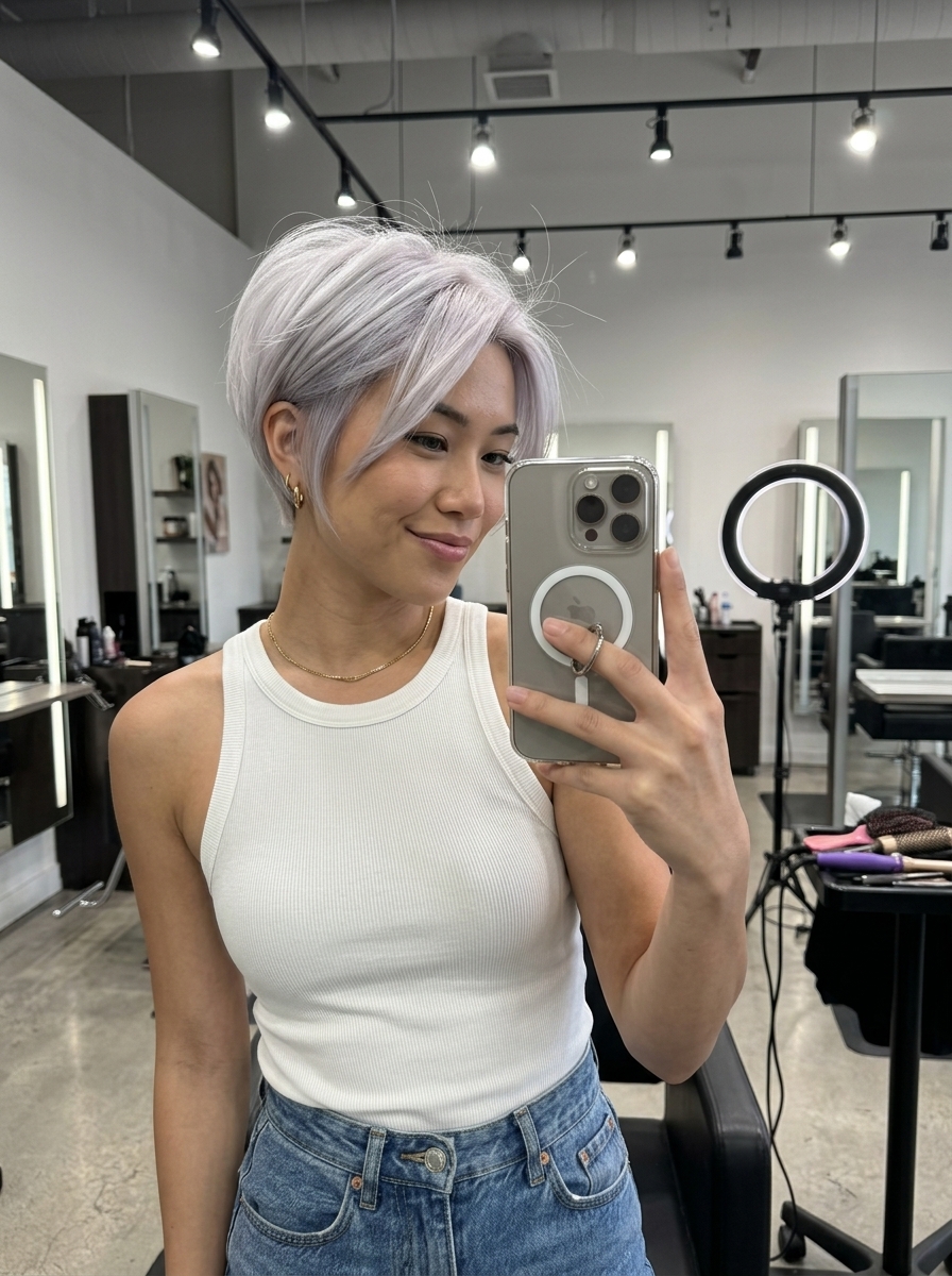 short icy white pixie haircut with silver-violet undertones, textured layers, no fringe — edgy festival look