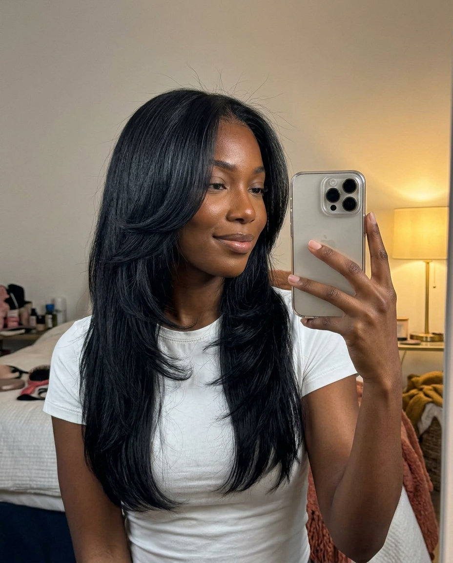 mid-back butterfly haircut with jet black color, sleek tapered layers, face-framing — edgy evening event