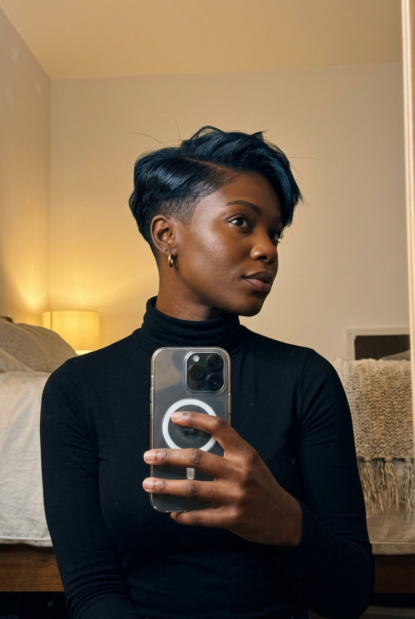 Obsidian Angle Bixie Haircut 2026 short jet black bixie haircut with sharp angles and clipper fade, high gloss finish — bold edgy style