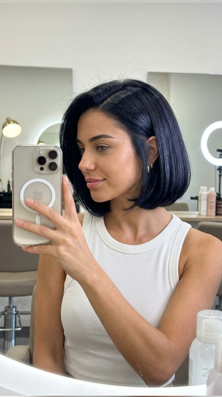 short blunt bob haircut in jet black with blue-violet undertones and high-gloss finish for formal events