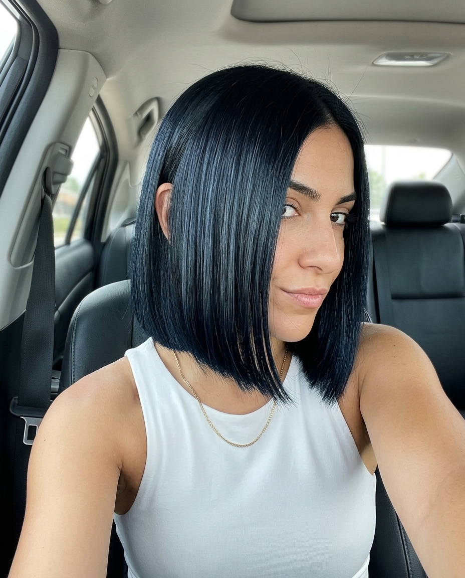 Jet Black Italian Bob 2026: Sleek & Sophisticated short italian bob haircut in jet black with high-gloss finish, blunt cut, no fringe — professional and sophisticated