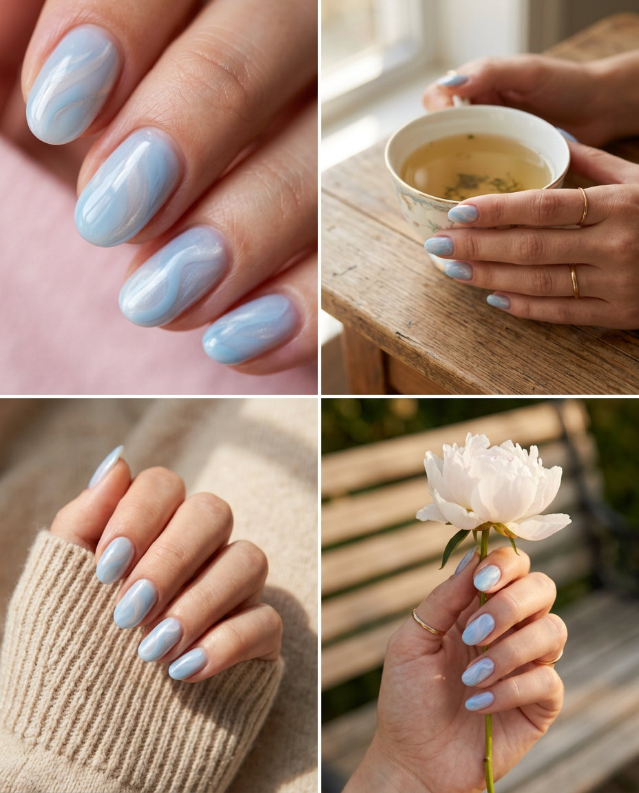 Ethereal celestial swirl oval nails for june nails ideas 2026. Dreamy, calm, and perfect for weddings.