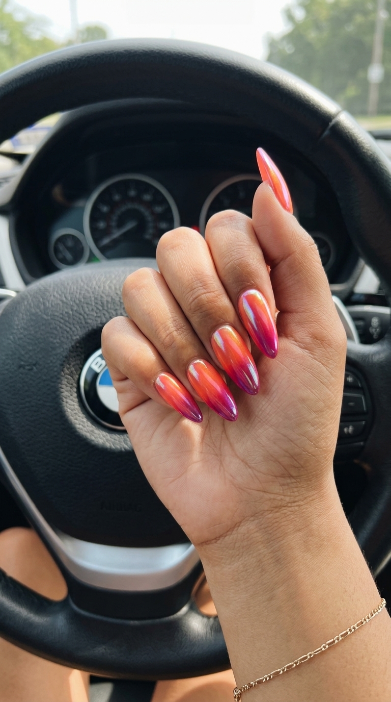 Bold Chrome Sunset Ombre nails: Coral, orange, magenta blend with chrome shift. June nails ideas 2026 for parties.