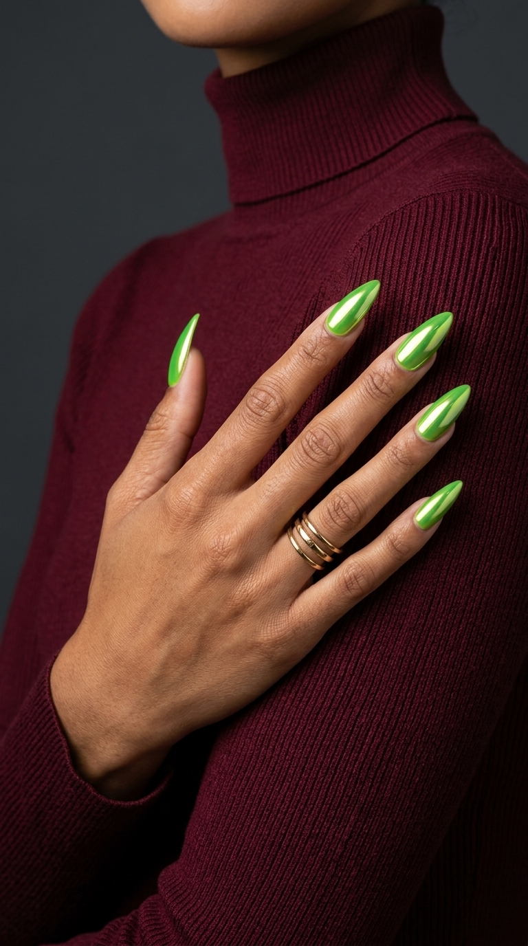 Electric Summer Stiletto nails: Lime green chrome on black. June nails ideas 2026 for festivals.