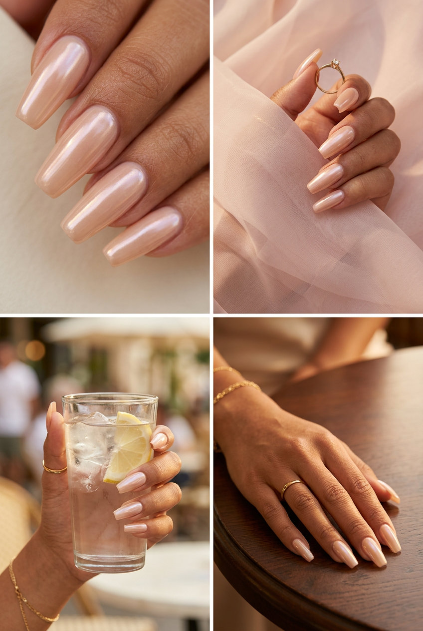 Glamorous glazed coffin nails for june nails ideas 2026. Chic, radiant, and perfect for parties.
