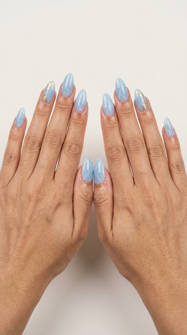 Azure Gold Marble nails: Milky blue, white, gold leaf. June nails ideas 2026 for formal events.