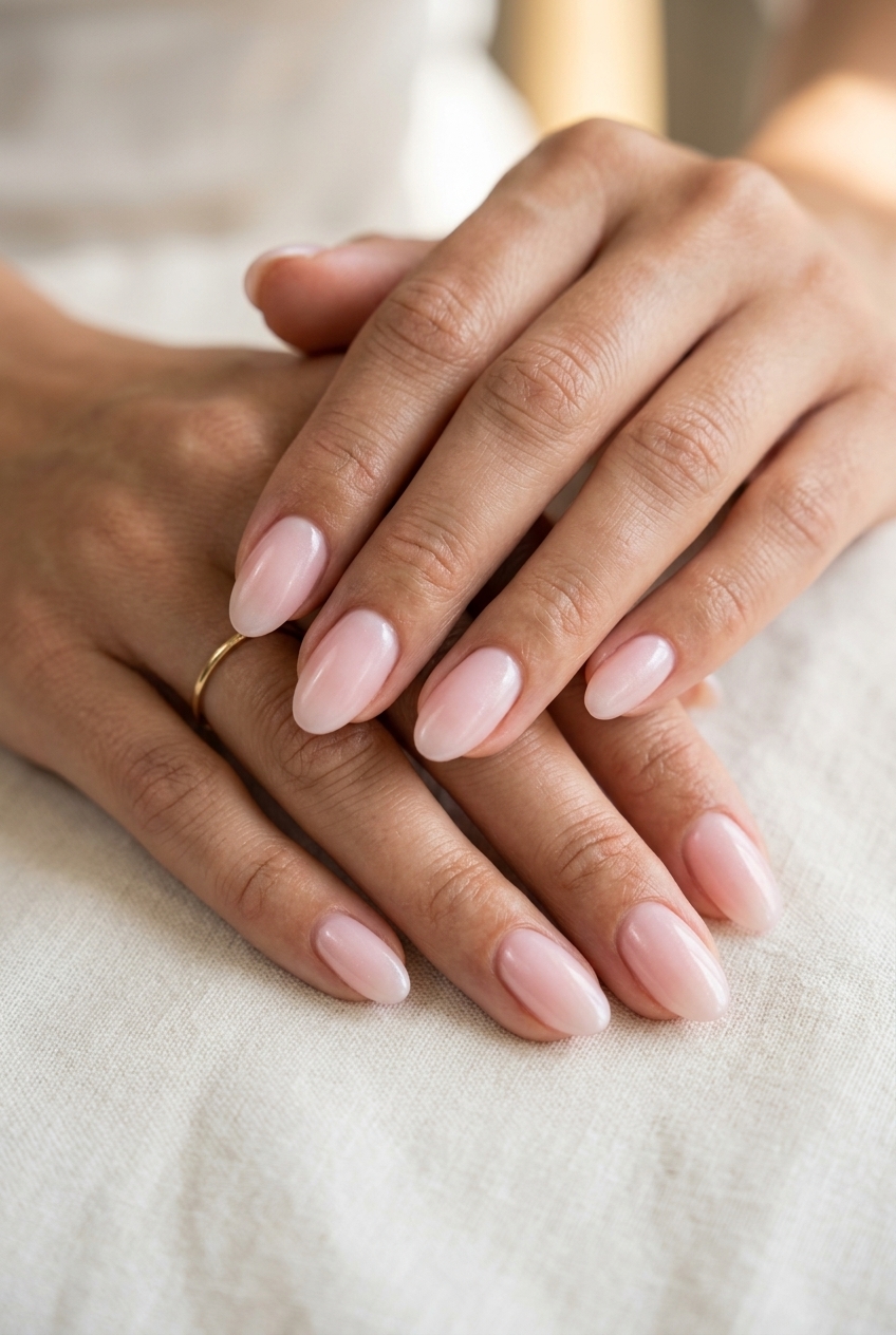 Sheer Pink Milky Bath Oval nails: Soft pink, milky white, shimmer. June nails ideas 2026 for weddings.