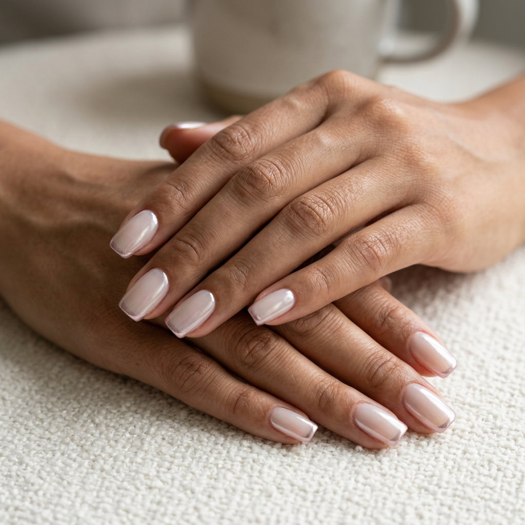 Subtle Nude Chrome French nails: Milky nude with silver chrome tip. June nails ideas 2026 for work.