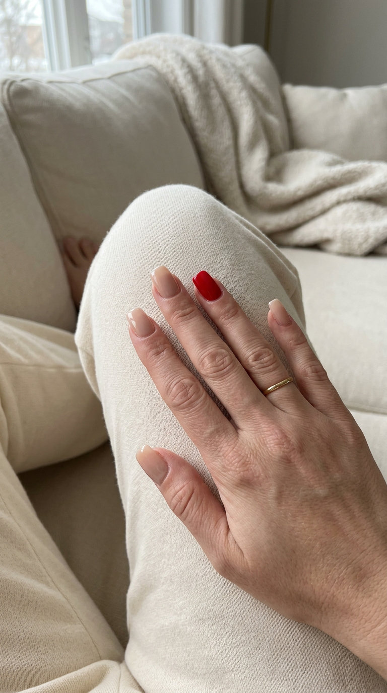 Sophisticated neutral nude with red accent nails for june nails ideas 2026. Bold and elegant for events.
