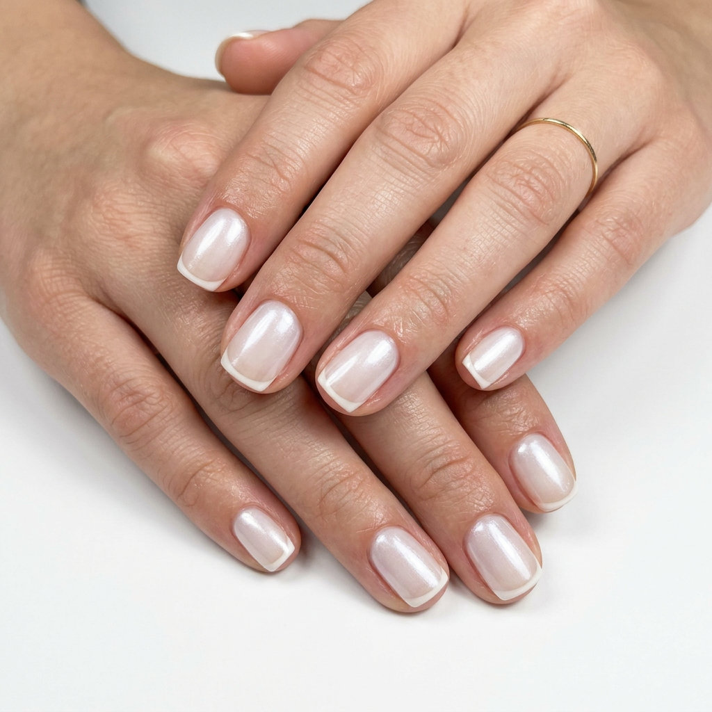 Elegant pearlescent white micro French nails for june nails ideas 2026. Minimalist and clean for work.