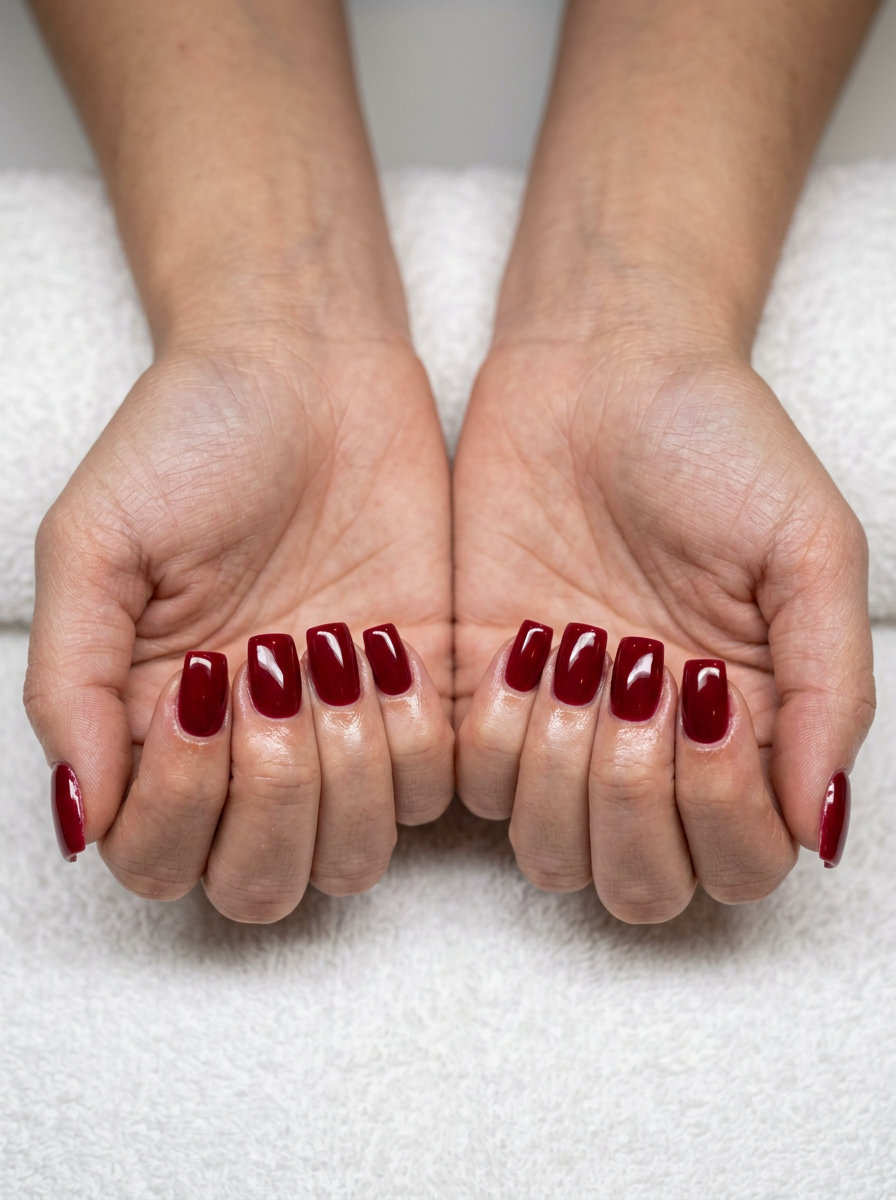 Sophisticated ruby red builder gel overlay nails for june nails ideas 2026. Polished and classic for work.