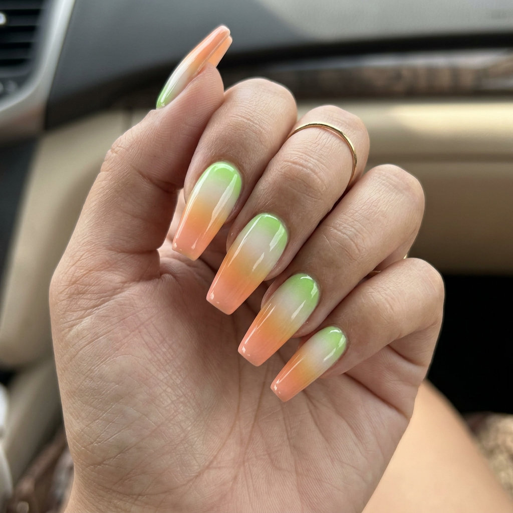 Tropical Sunset Airbrush Gradient nails: Lime, peach, orange, pink. June nails ideas 2026 for vacation.