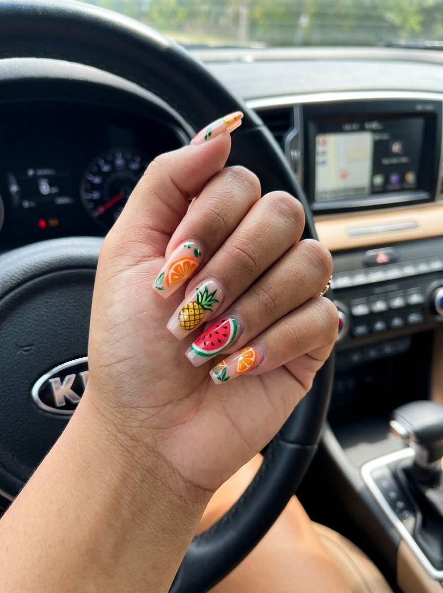 Vibrant tropical fruit art coffin nails for june nails ideas 2026. Playful, energetic, and fun vacation style.